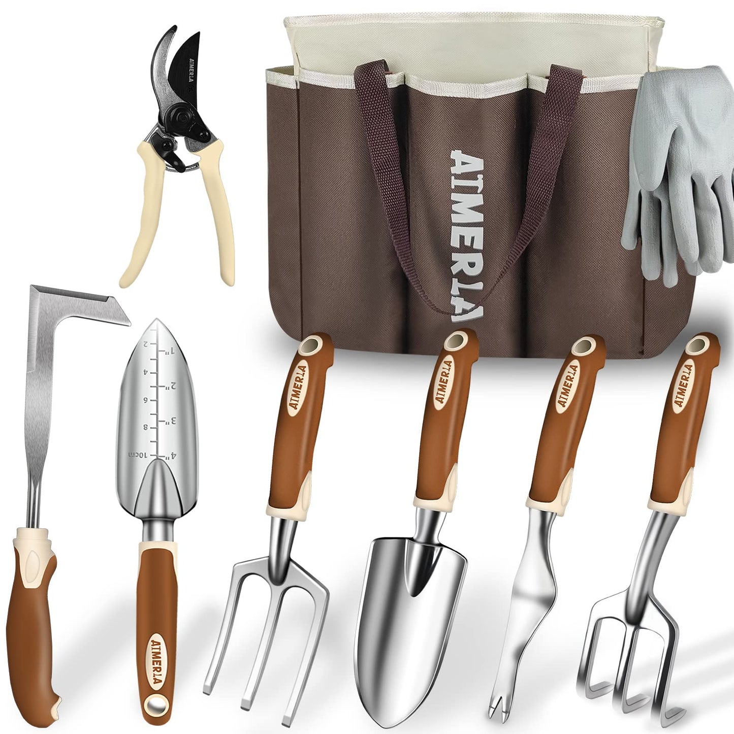 Aimerla Gardening Tools Set of 9 Heavy Duty Garden Tools with Non-Slip Rubber Grip with Large Garden Bag, Durable for Garden, Weeding, Gifts for Women,Men