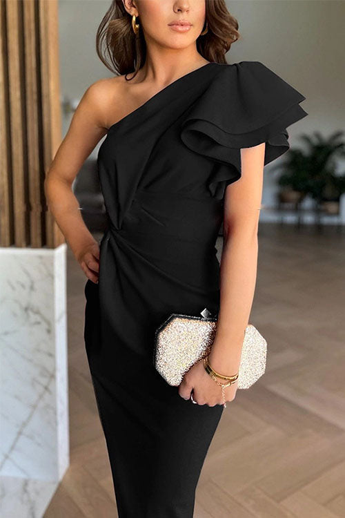 Elizabeth | Off-shoulder Ruffle Sleeve Slit Midi Dress