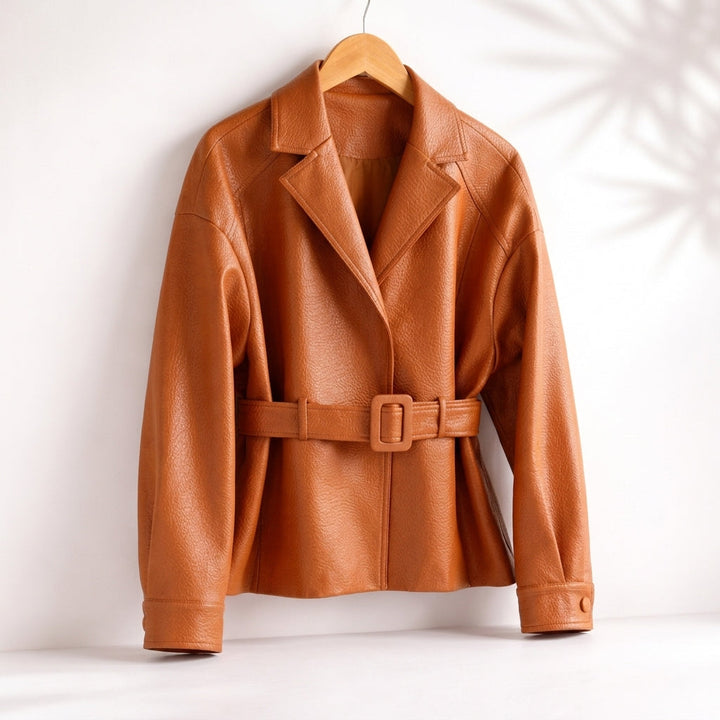 Valery | Belted Leather Jacket with Wide Collar and Cuffed Sleeves