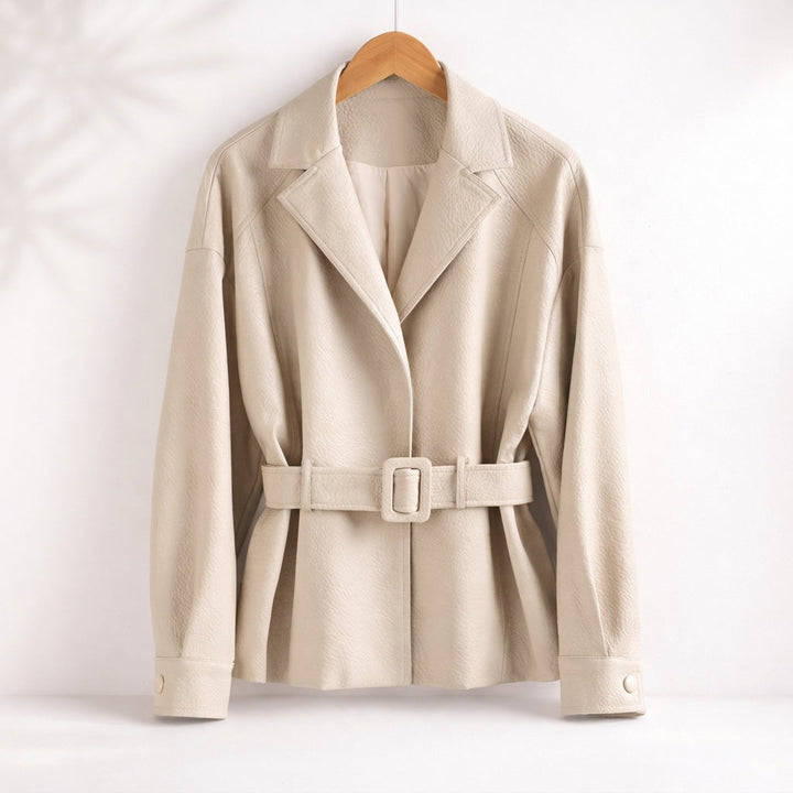 Valery | Belted Leather Jacket with Wide Collar and Cuffed Sleeves