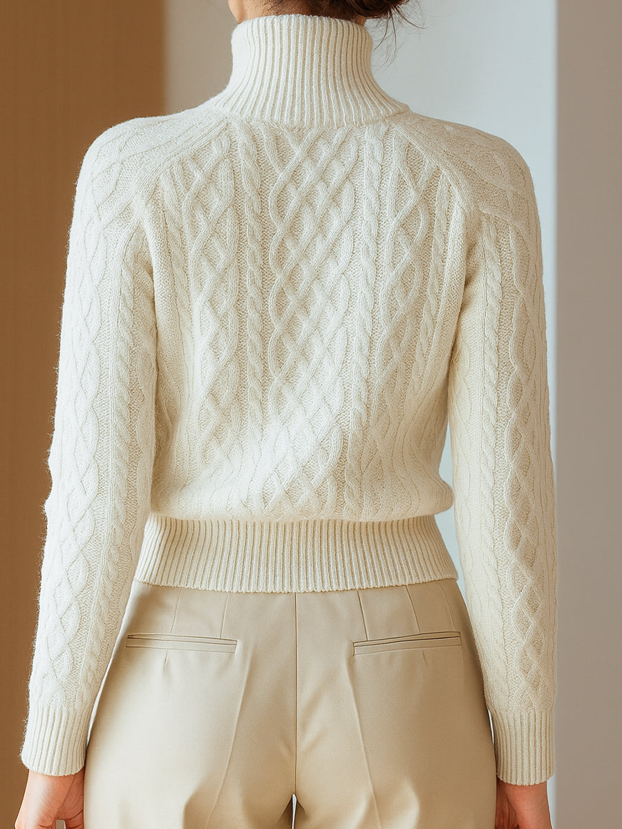 Zelda | Women’s White Cable Knit Sweater with Zip Front