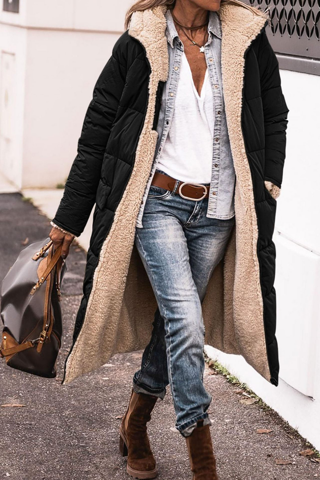 Beth | Long Reversible Puffer Coat with Sherpa Lining and Hood