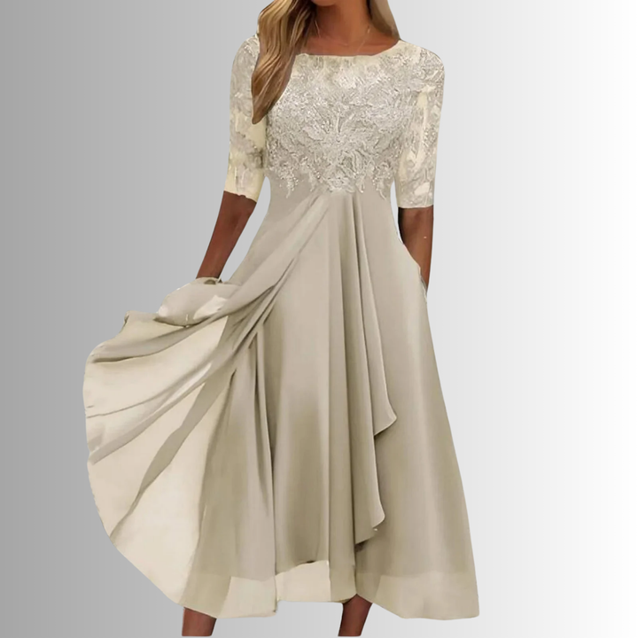 Angela | Women's Lace Top Wedding Guest Midi Dress
