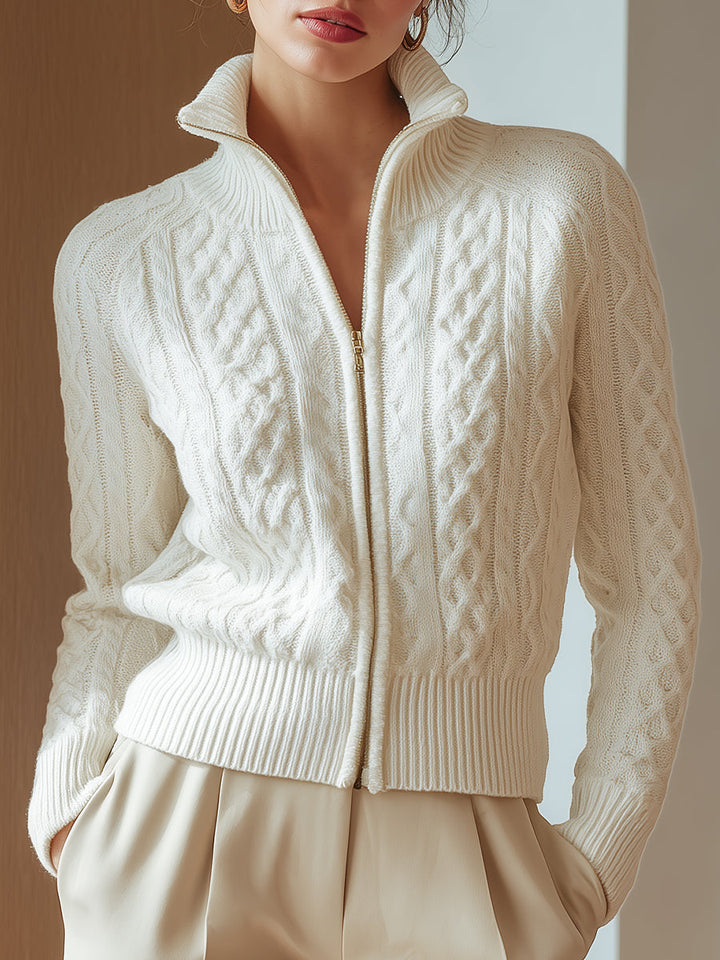 Zelda | Women’s White Cable Knit Sweater with Zip Front