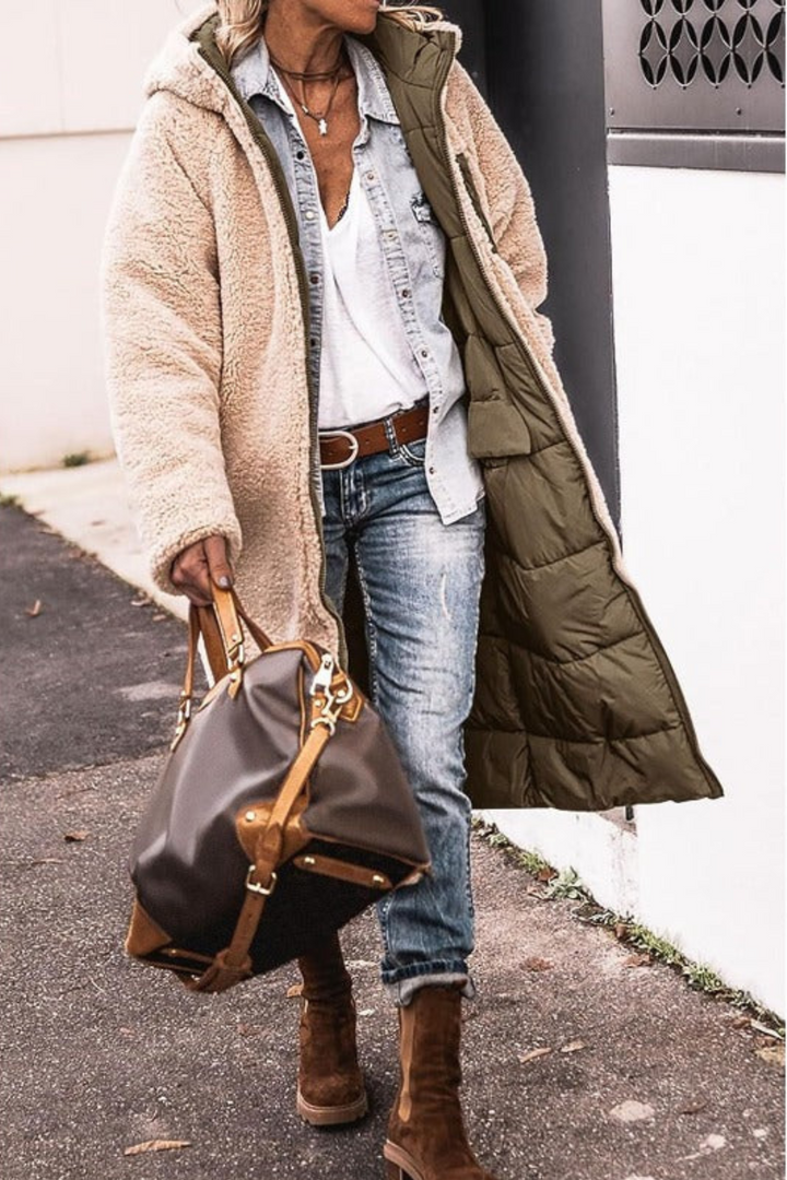 Beth | Long Reversible Puffer Coat with Sherpa Lining and Hood