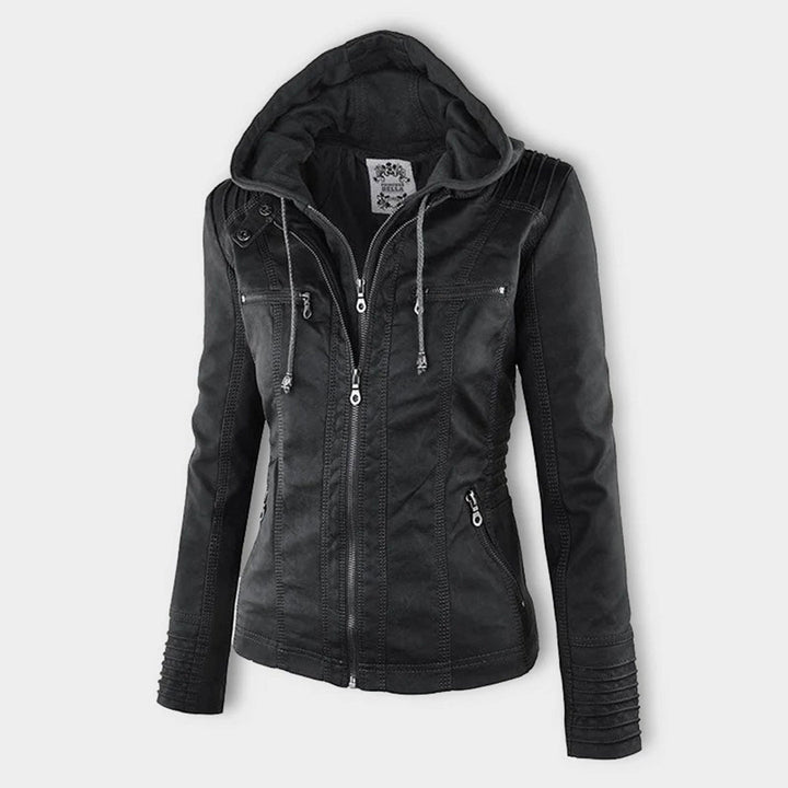 Emily | Women's Leather Biker Jacket with Removable Hood and Zip Detail