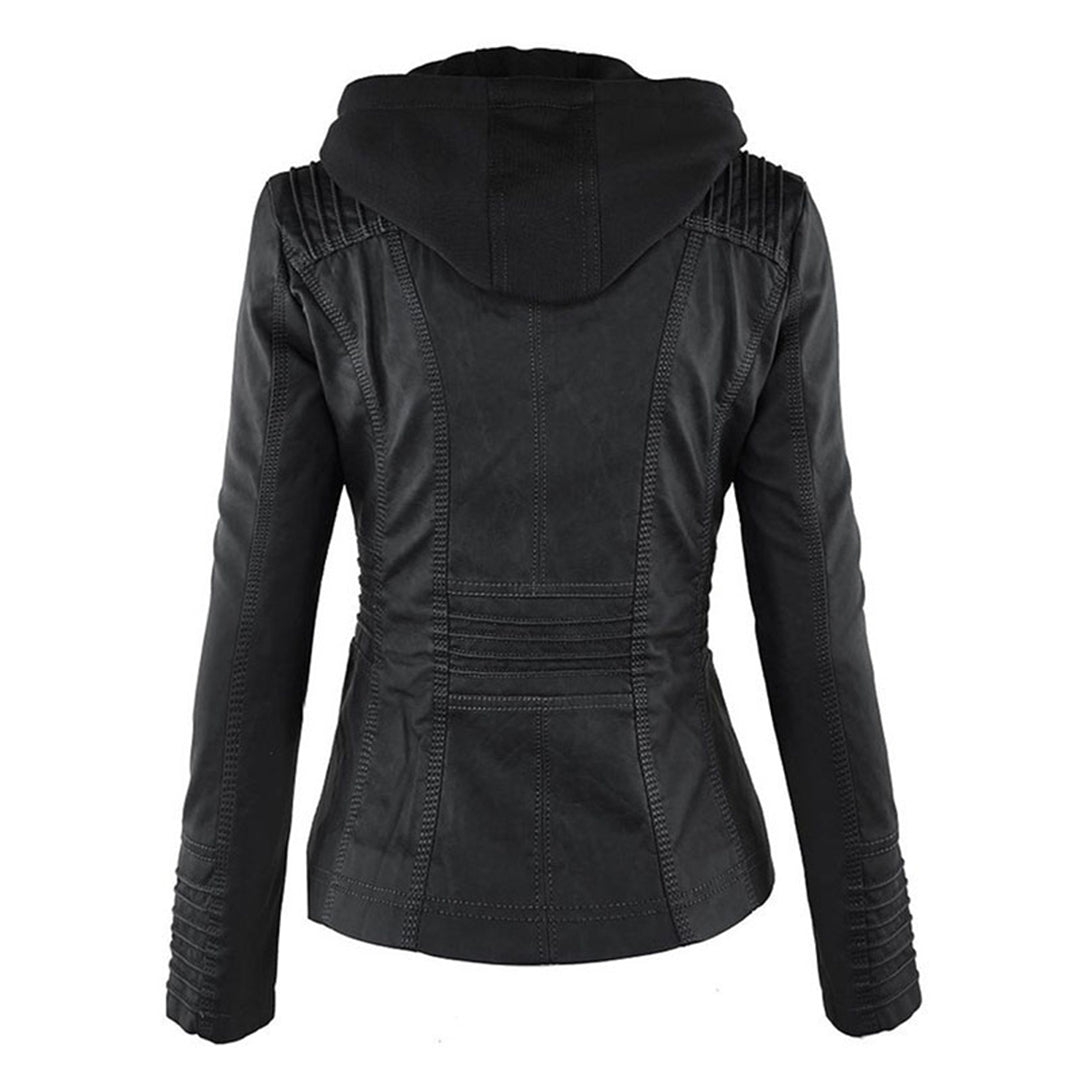 Emily | Women's Leather Biker Jacket with Removable Hood and Zip Detail