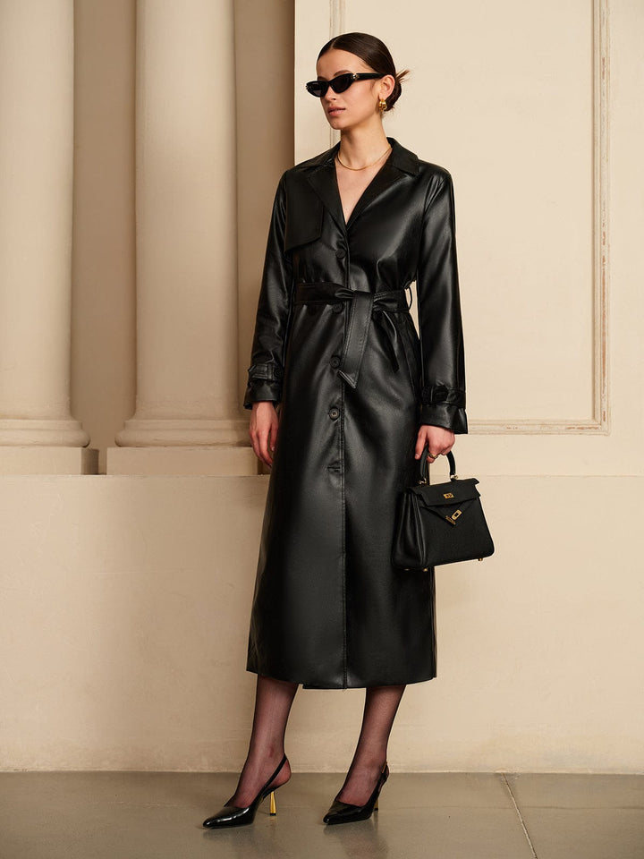 Crystal | Women's Chiq Leather Trench Coat with Belt and Button Front