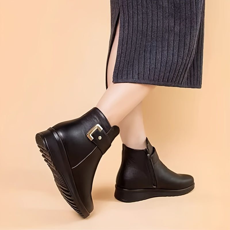 Lennon | Black Leather Ankle Boots with Fleece Lining and Gold Buckle