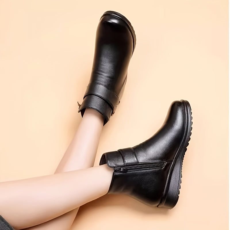 Lennon | Black Leather Ankle Boots with Fleece Lining and Gold Buckle