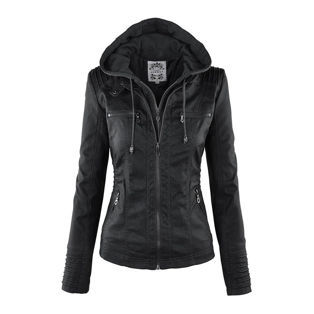 Emily | Women's Leather Biker Jacket with Removable Hood and Zip Detail