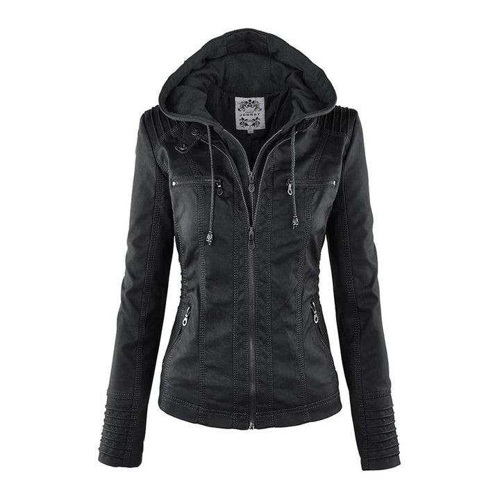 Emily | Women's Leather Biker Jacket with Removable Hood and Zip Detail