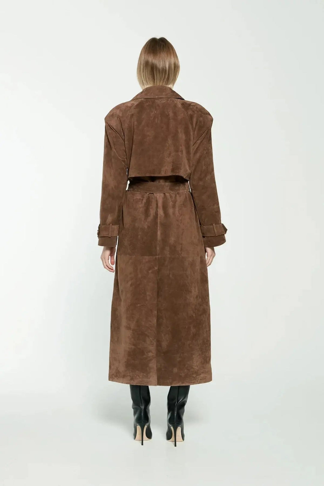Savanna | Women's Brown Suede Double Breasted Long Trench Coat with Belt