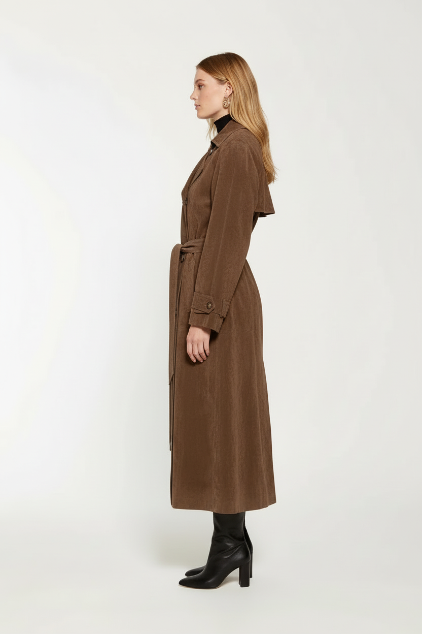 Savanna | Women's Brown Suede Double Breasted Long Trench Coat with Belt