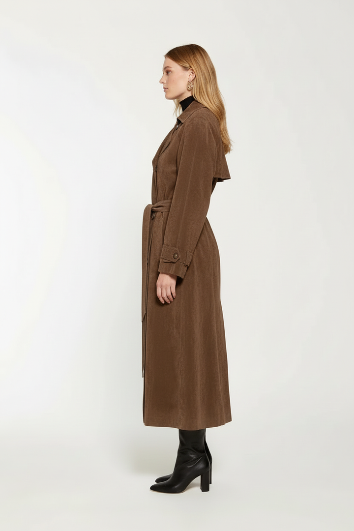 Savanna | Women's Brown Suede Double Breasted Long Trench Coat with Belt