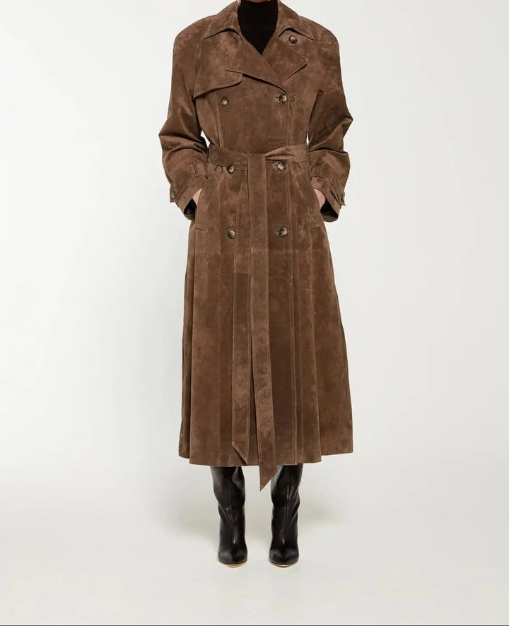 Savanna | Women's Brown Suede Double Breasted Long Trench Coat with Belt