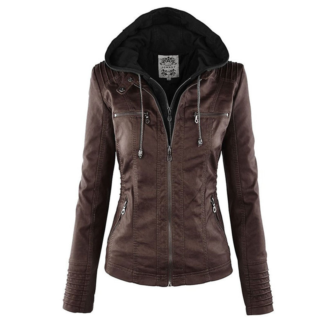 Emily | Women's Leather Biker Jacket with Removable Hood and Zip Detail
