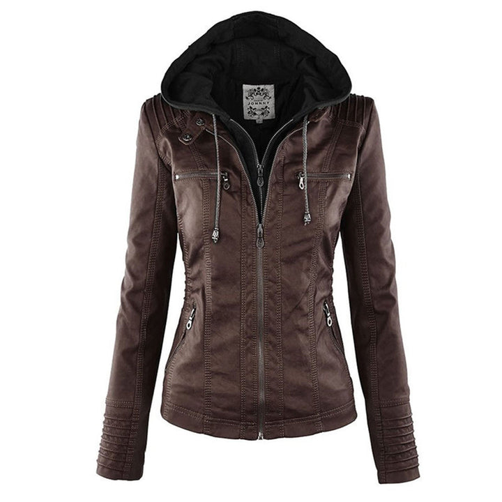 Emily | Women's Leather Biker Jacket with Removable Hood and Zip Detail