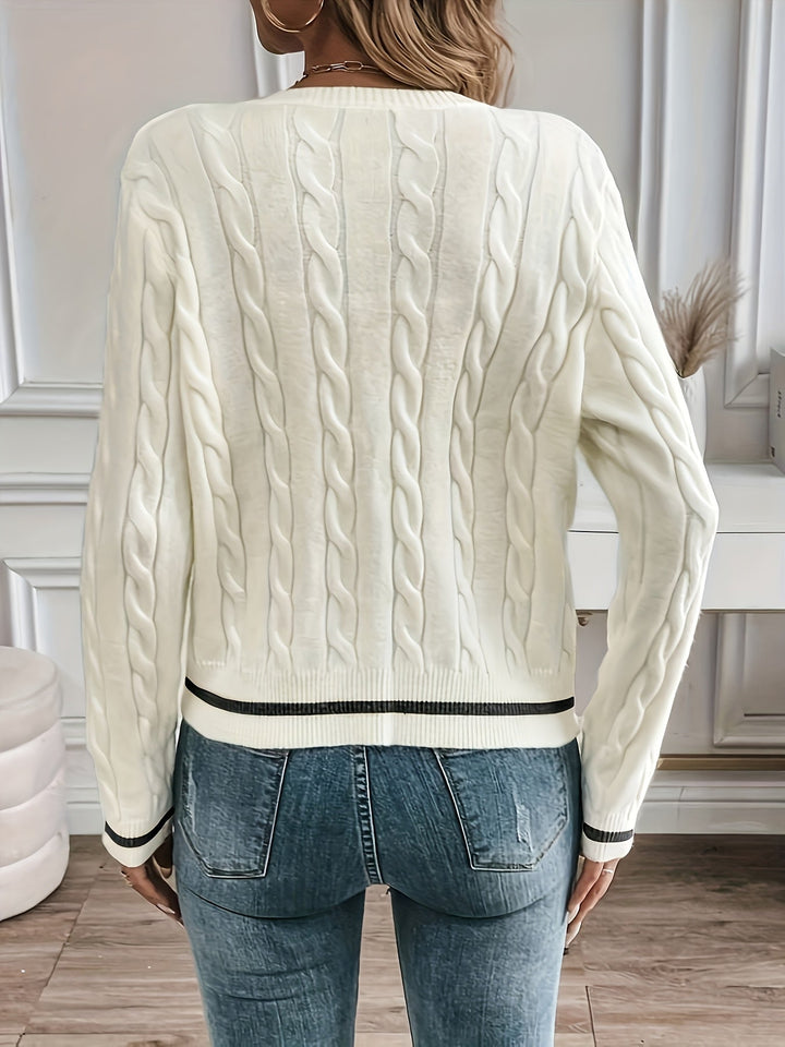 Karter | Cable Knit Cardigan with Gold Buttons and Contrast Trim