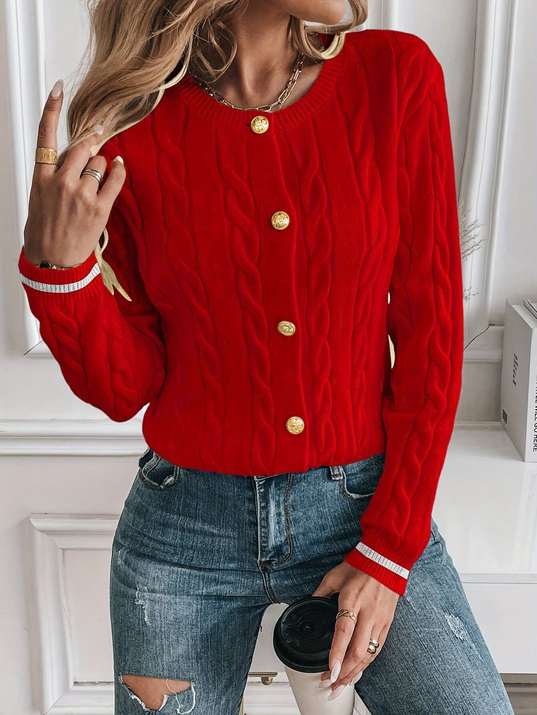 Karter | Cable Knit Cardigan with Gold Buttons and Contrast Trim