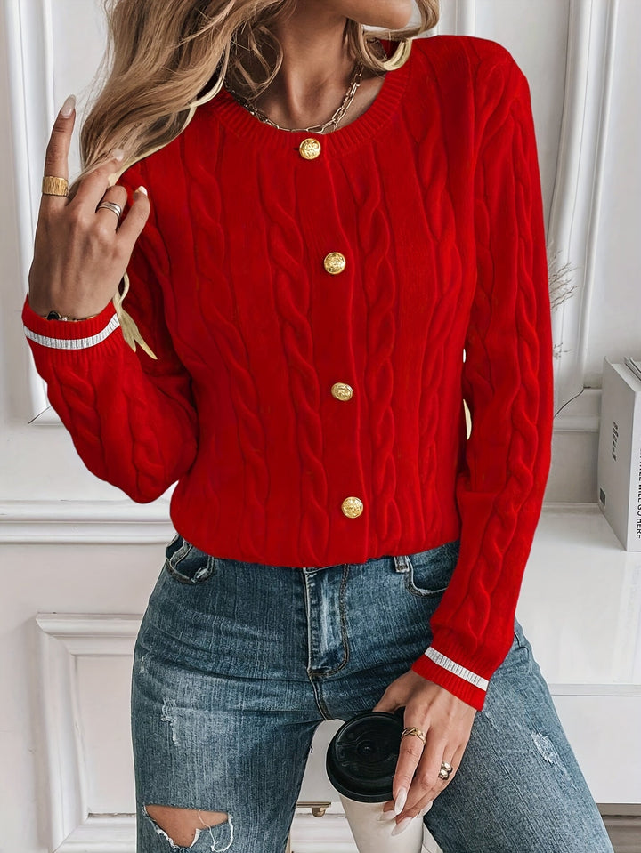 Karter | Cable Knit Cardigan with Gold Buttons and Contrast Trim