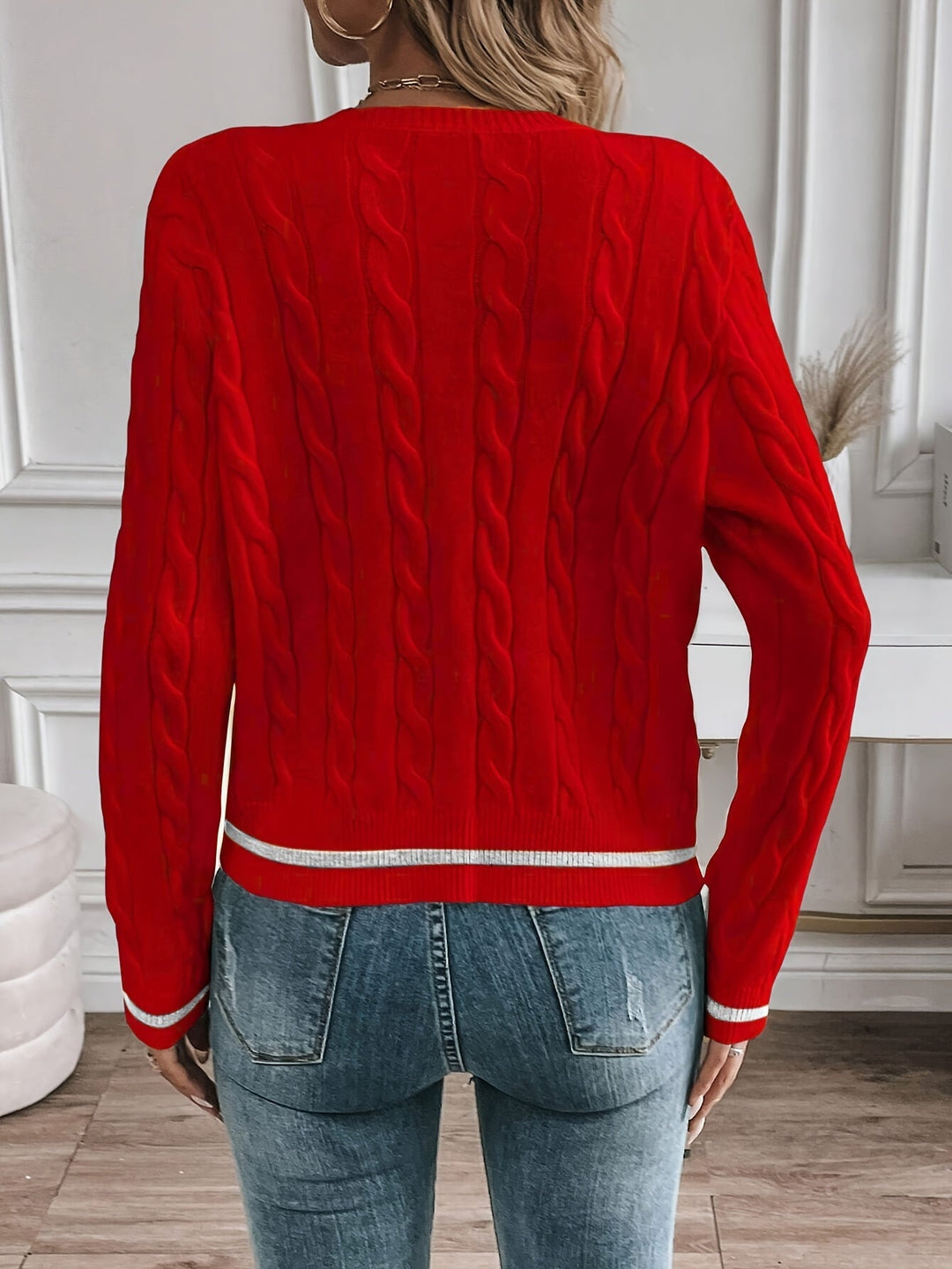 Karter | Cable Knit Cardigan with Gold Buttons and Contrast Trim