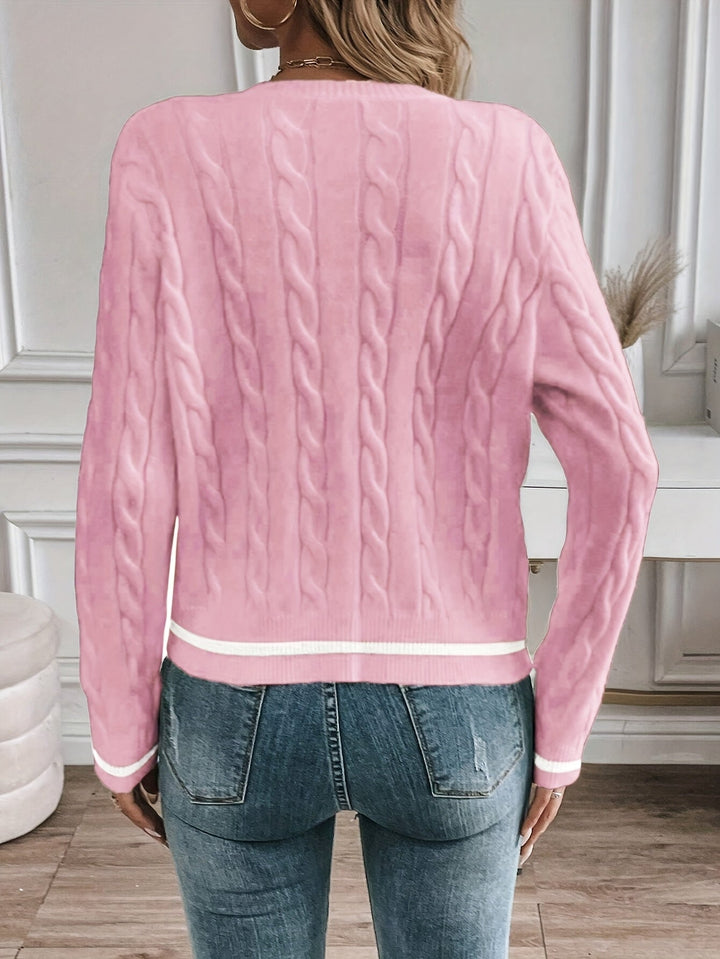 Karter | Cable Knit Cardigan with Gold Buttons and Contrast Trim