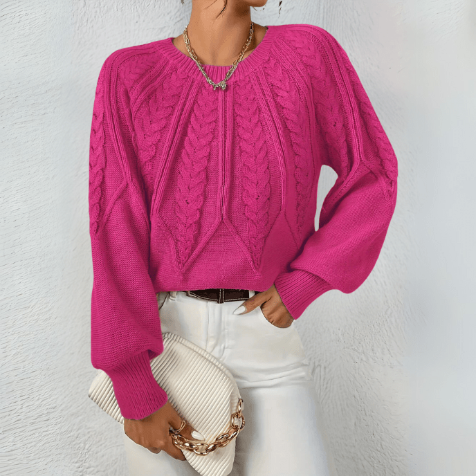 Nelly | Cable Knit Sweater with Puff Sleeves and Round Neckline