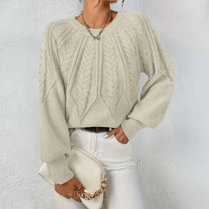 Nelly | Cable Knit Sweater with Puff Sleeves and Round Neckline