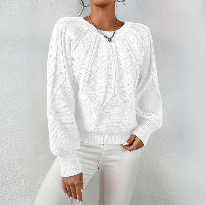 Nelly | Cable Knit Sweater with Puff Sleeves and Round Neckline