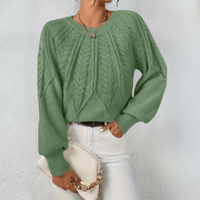 Nelly | Cable Knit Sweater with Puff Sleeves and Round Neckline