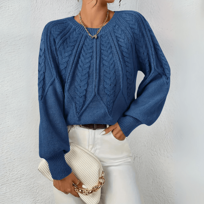 Nelly | Cable Knit Sweater with Puff Sleeves and Round Neckline