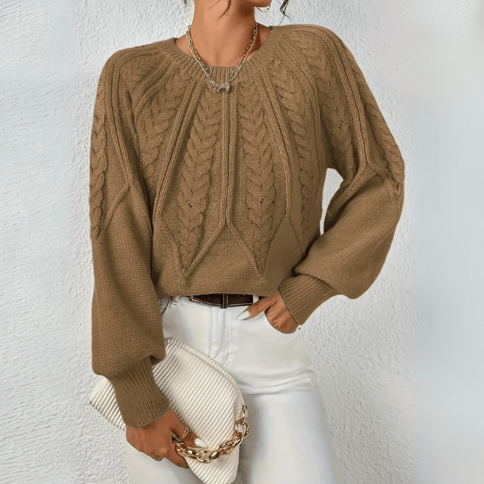 Nelly | Cable Knit Sweater with Puff Sleeves and Round Neckline