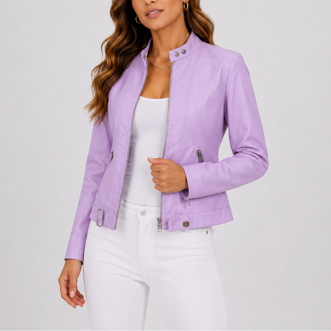Nola | Women's Classic Leather Jacket with Zip Pockets