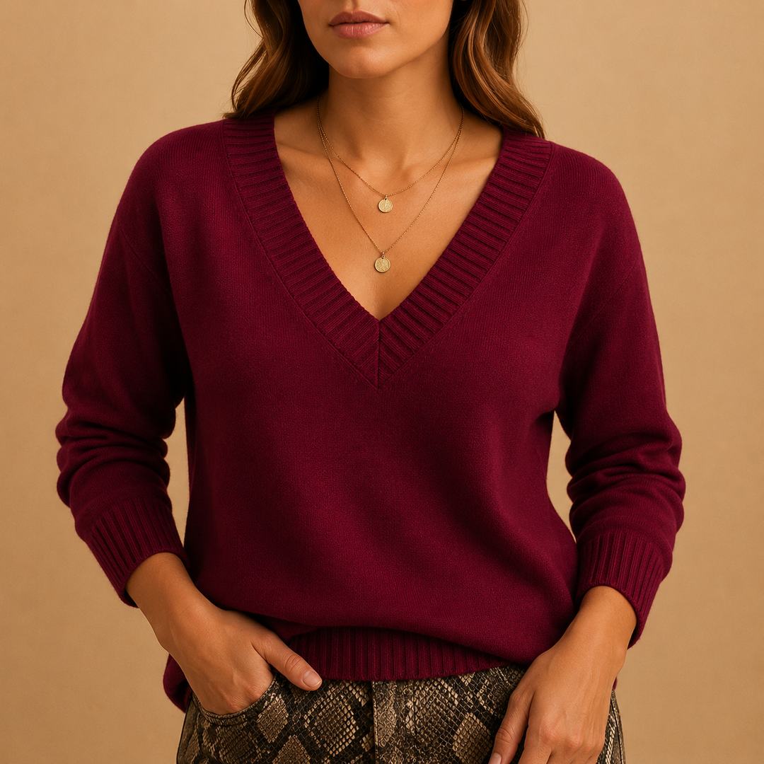 Peggy | Soft Knit Sweater with Ribbed V-Neckline and Ribbed Cuffs