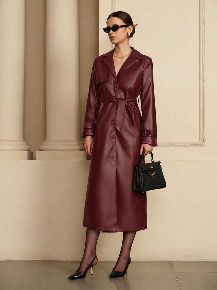 Crystal | Women's Chiq Leather Trench Coat with Belt and Button Front