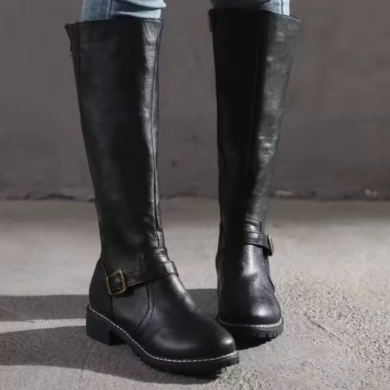 Ariyah | Classic Leather Knee High Boots with Buckle Strap and Block Heel