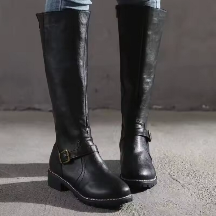 Ariyah | Classic Leather Knee High Boots with Buckle Strap and Block Heel