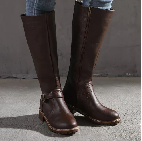 Ariyah | Classic Leather Knee High Boots with Buckle Strap and Block Heel