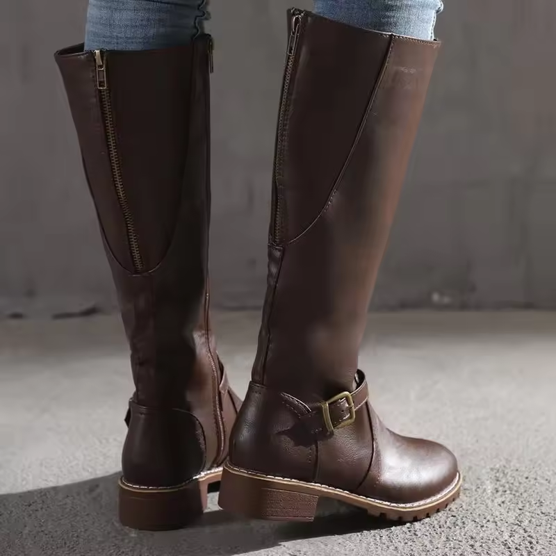 Ariyah | Classic Leather Knee High Boots with Buckle Strap and Block Heel