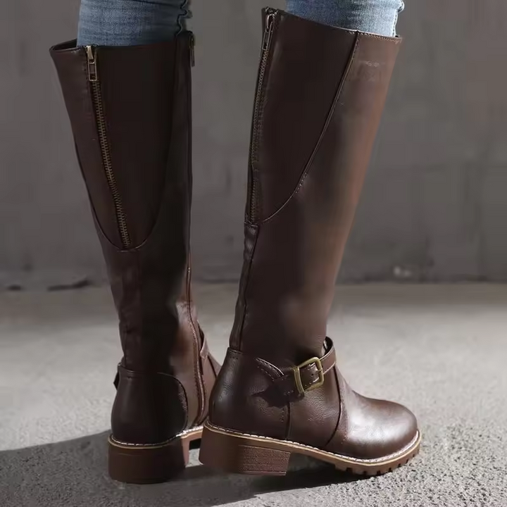 Ariyah | Classic Leather Knee High Boots with Buckle Strap and Block Heel