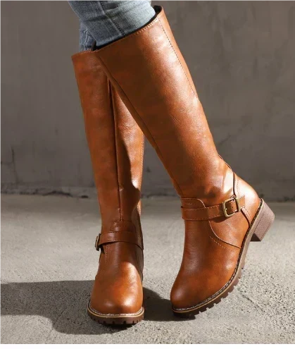 Ariyah | Classic Leather Knee High Boots with Buckle Strap and Block Heel