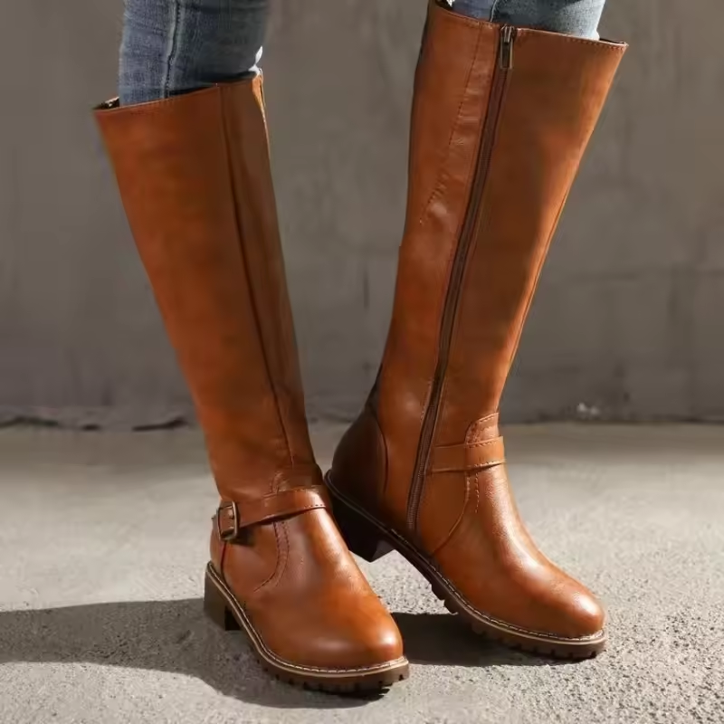 Ariyah | Classic Leather Knee High Boots with Buckle Strap and Block Heel