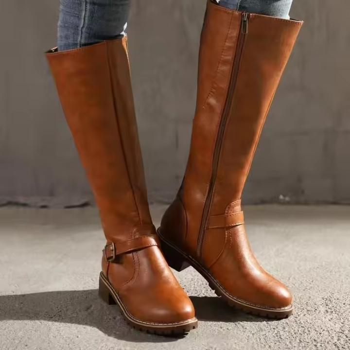 Ariyah | Classic Leather Knee High Boots with Buckle Strap and Block Heel