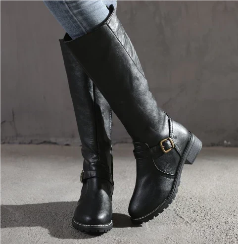 Ariyah | Classic Leather Knee High Boots with Buckle Strap and Block Heel
