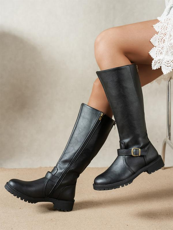 Adelaide | Classic Leather Knee High Boots with Buckle Strap and Lug Sole
