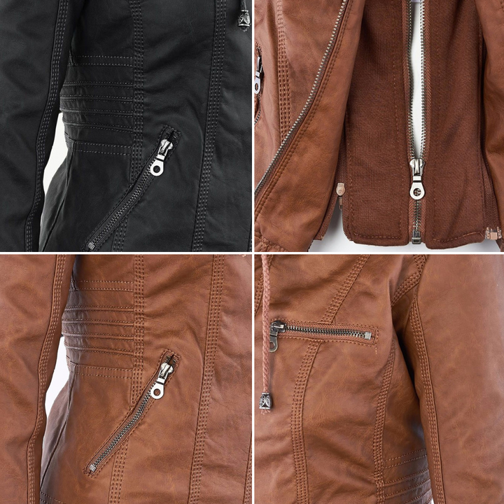 Emily | Women's Leather Biker Jacket with Removable Hood and Zip Detail