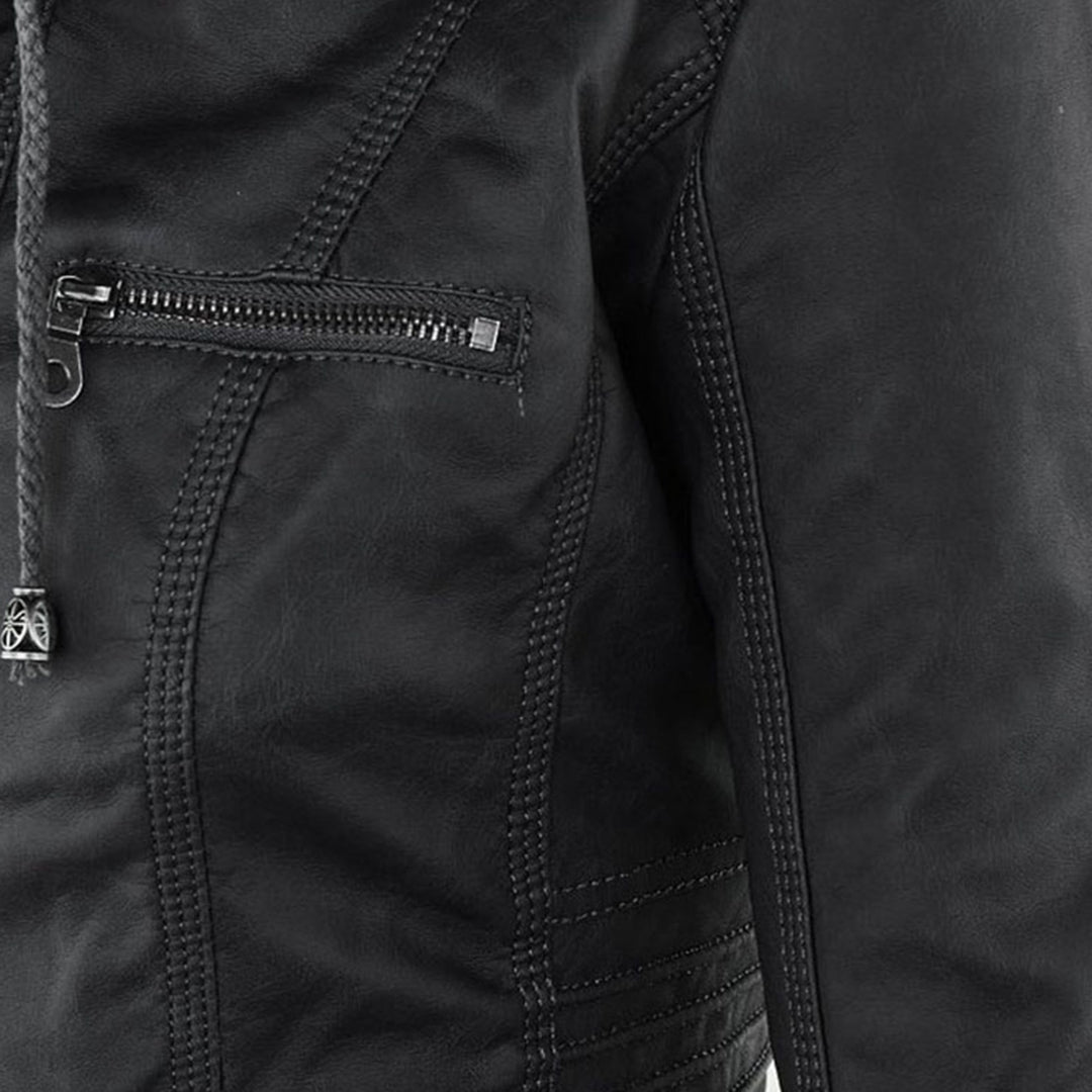 Emily | Women's Leather Biker Jacket with Removable Hood and Zip Detail