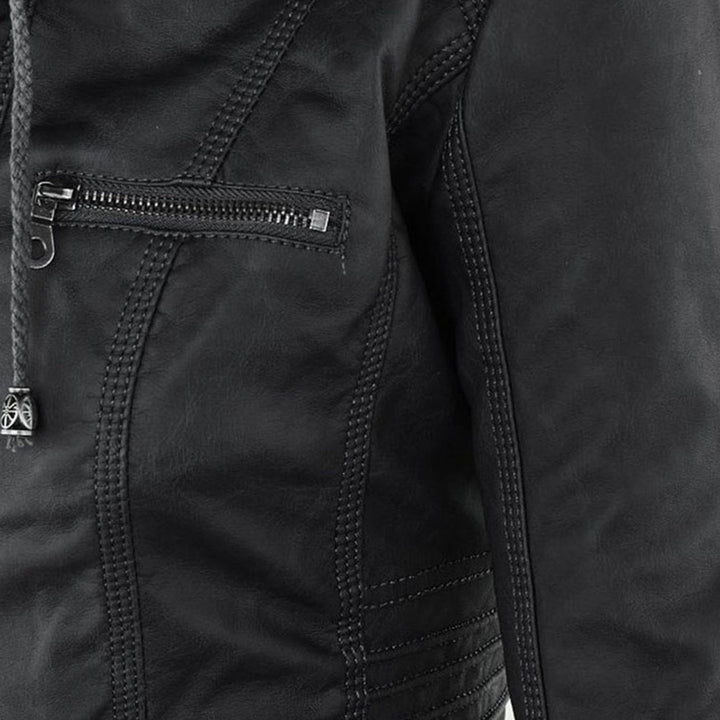 Emily | Women's Leather Biker Jacket with Removable Hood and Zip Detail