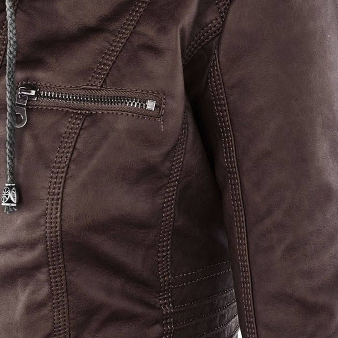 Emily | Women's Leather Biker Jacket with Removable Hood and Zip Detail